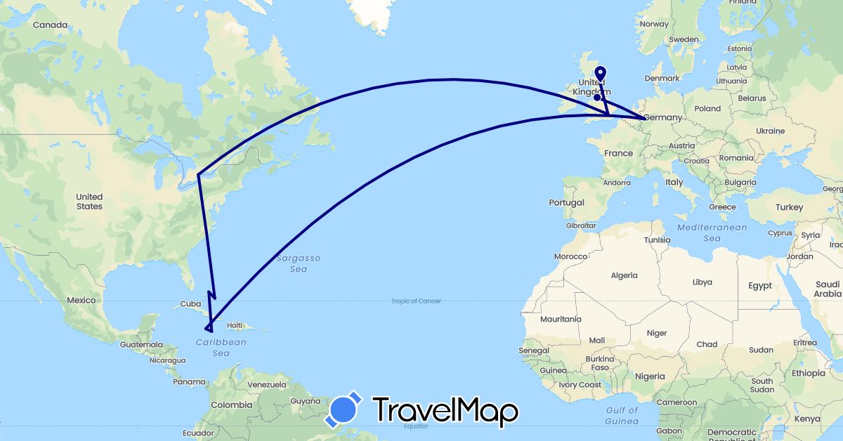 TravelMap itinerary: driving in Bahamas, Canada, Germany, United Kingdom, Jamaica (Europe, North America)
